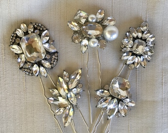 Silver Jewel, Five Piece Hairpin Set, Bridal Headpiece