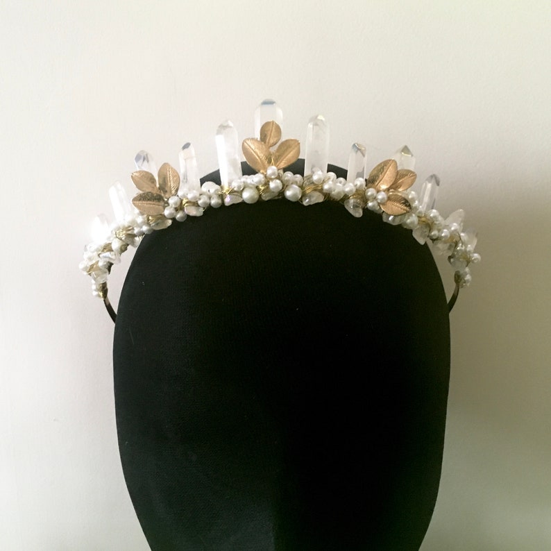 Quartz Formal Tiara Perl Quartz Crystal Crown Crystal Point Bridal Headpiece