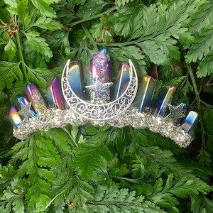 Silver Moonshadow, Quartz Crystal Tiara, Crystal Point Headpiece, Moon and Stars Tiara