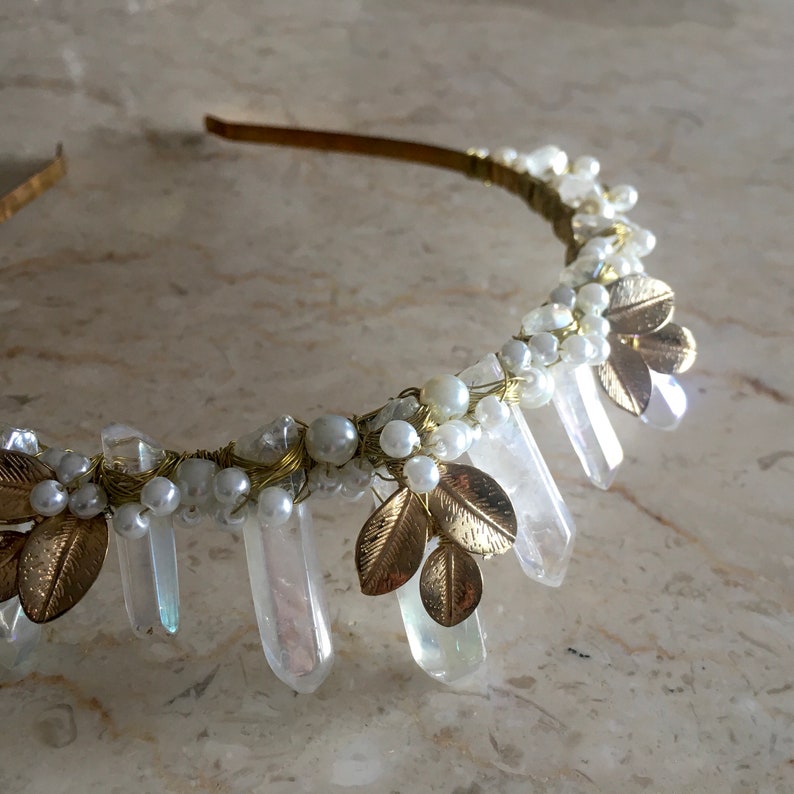 Quartz Formal Tiara Perl Quartz Crystal Crown Crystal Point Bridal Headpiece