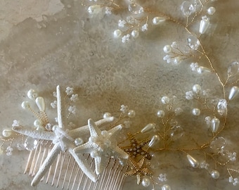Gold Kailani Starfish Hair Comb, Beach Wedding Hair Vine, Beach Bride Headpiece