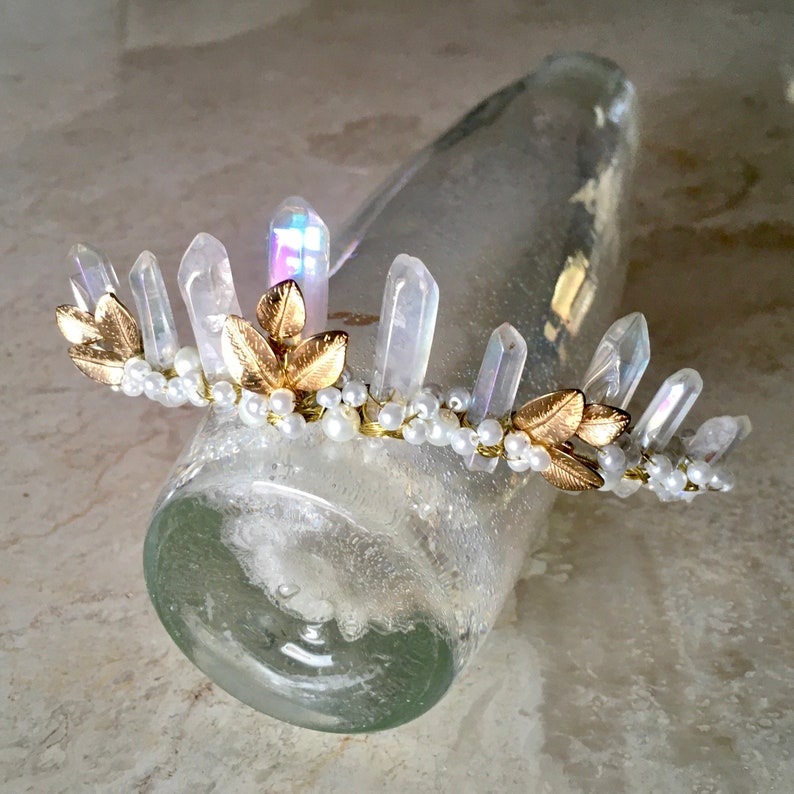 Quartz Formal Tiara Perl Quartz Crystal Crown Crystal Point Bridal Headpiece