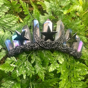 Dark Moonshadow, Quartz Crystal Tiara, Crystal Point Headpiece, Moon and Stars Tiara
