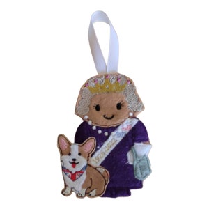 Queen with corgi Christmas tree decor, Gingerbread ornament, hanging decoration, queen with sash, queen remembrance