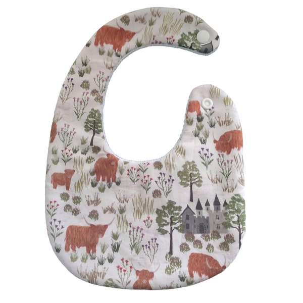 Highland cow baby bib , dribble bib, drool bib, unisex, baby gift, baby shower, new baby, one size newborn to 1 year old