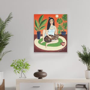 Woman with cat art, original acrylic painting cat lover gift, hand painted art cozy home decor, female portrait self care gift for her 16x12