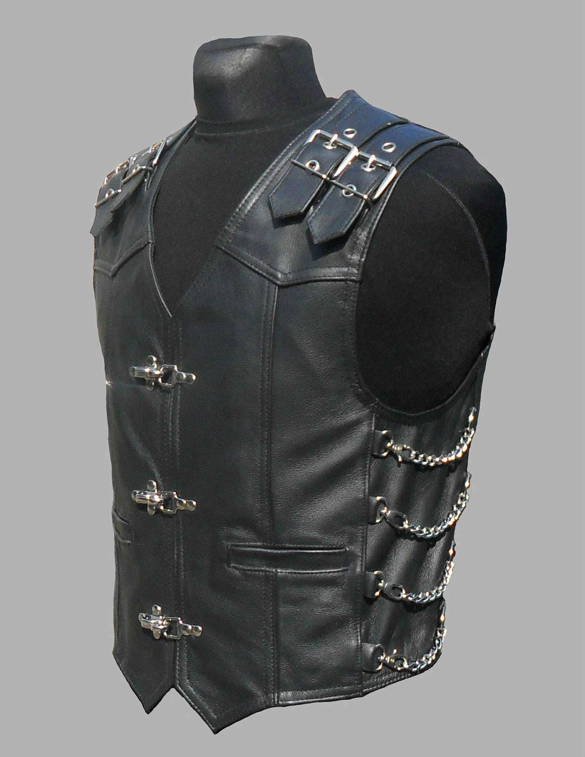 Custom vest chain genuine leather black skin motorcycle Etsy