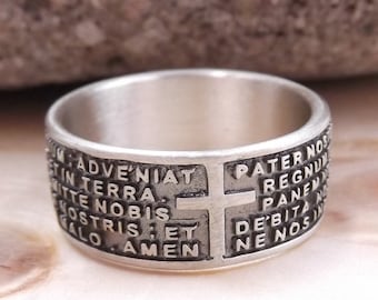 Men's ring in 925 silver, prayer ring in Latin, Our Father ring, religious ring, Catholic ring