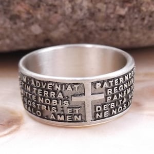 925 zilveren herenring, Latijnse gebedsring, Onze Vaderring, religieuze ring, Katholieke ring