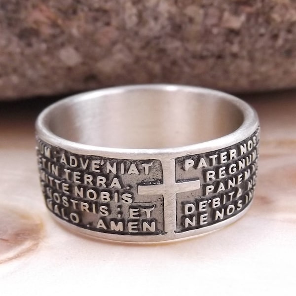 Men's ring in 925 silver, prayer ring in Latin, Our Father ring, religious ring, Catholic ring