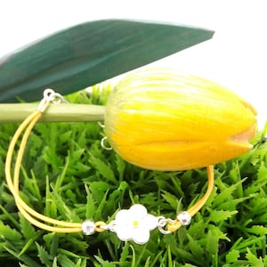Silver flower bracelet, yellow cotton, gift for her, cotton anniversary, 2 anniversary
