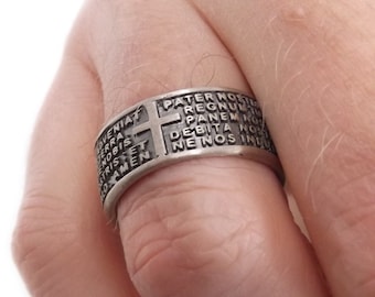 Our Father Ring in Latin, Silver Band 925, Religious Ring Prayer, man woman