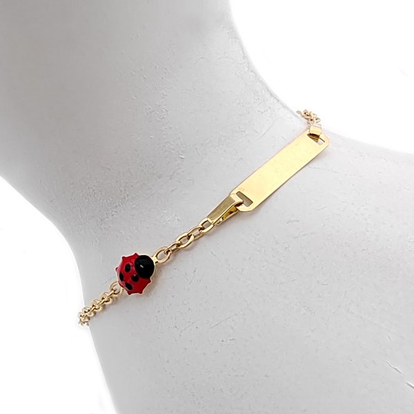 Bracelet bébé en or jaune avec coccinelle et assiette cadeau Baptême, Naissance