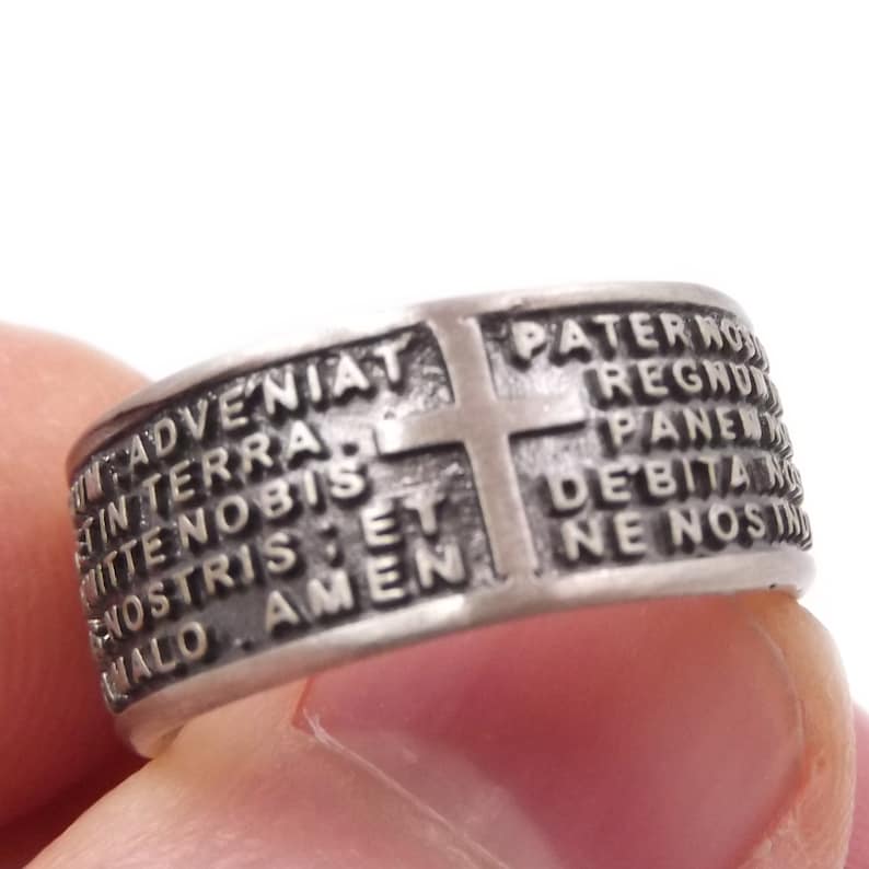 Anello in argento sterling con la Sacra Famiglia, fascia religiosa con croce cristiana