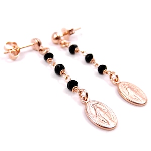 Pendant earrings in 925 silver type Rosary Black spinel Madonna medal