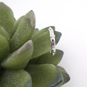 May include: A silver rosary ring with small beads and a cross design. The ring is displayed on a green succulent plant.