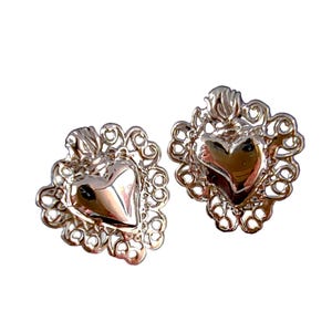 Sacred Heart Earrings Sterling Silver 925 | Ex Voto Stud Earrings | Vintage Religious Jewelry | Filigree Heart Earrings