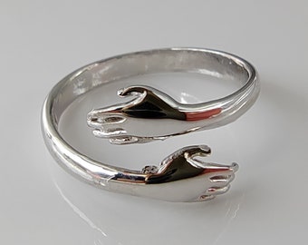 925 Sterling Silver Hand Hug Ring for Women, Open Love Promise Ring, Adjustable for Men and Women