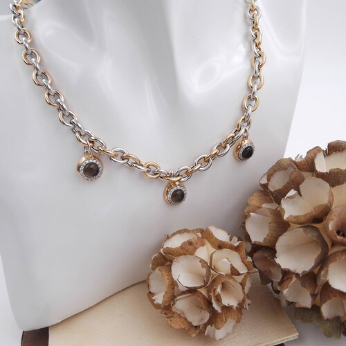 Women's necklace in white and yellow 925 sterling shops silver with smoky quartz