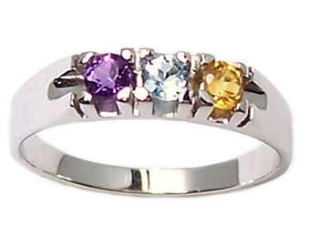Trilogy Ring white gold 18 kt with amethyst, blue topaz, quartz citrine