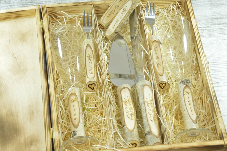 Wedding Toasting Glasses and Cake Server Set Personalized Wedding Cake Server Birch Champagne Flutes
