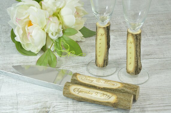Rustic Wedding Set Toasting Glasses Cake Serving Set Country Etsy