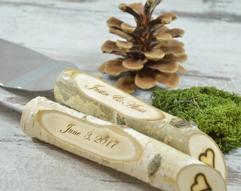 Rustic Country Chic Wedding Knife Set, Natural Birch Branch, Cake Serving Set Rustic Wedding Cake, Server and Knife