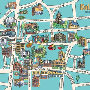 Illustration de la carte de Dalston ; Rues et bâtiments stylisés et animés ; Coloré East London Locale en turquoise; Estampe d'artiste signée