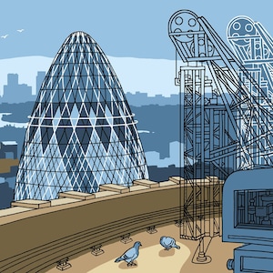 Modern City Architecture; Dramatic London River View Eastwards with the Gherkin from Tower 42 - Signed Art Print