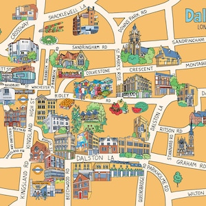 May include: A hand-drawn map of Dalston, London, England, with a yellow background and black lines. The map shows the streets and landmarks of the neighborhood, including Kingsland Road, Dalston Lane, and Graham Road. The map also includes the text "Dalston, London E8".