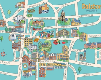 Dalston Map Illustration; Stylised, Lively Streets and Buildings; Colourful East London Locale in Turquoise; Signed Artist’s Print