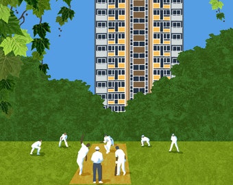 Cricket and Modern Architecture - London Fields, Hackney - Signed Giclée Art Print
