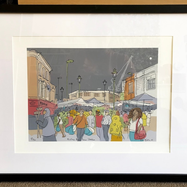 Fruit and Vegetables; Dalston Market Scene - Busy and Bustling Ridley Road from the Overground Station, East London - Signed  Artist’s Print