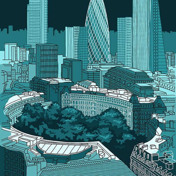 City London Art; Architecture; Finsbury Circus, the Gherkin, Shades of Aqua -  Signed Artist’s  Print