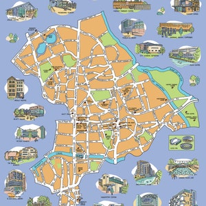Carte murale décorative, Hackney - illustrée de sites architecturaux autour de la carte centrale et des rues écrites à la main ; Estampe d'artiste signée