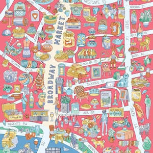 Carte illustrée - Broadway Market, East London - Lumineux et détaillé ; Estampe d'artiste signée