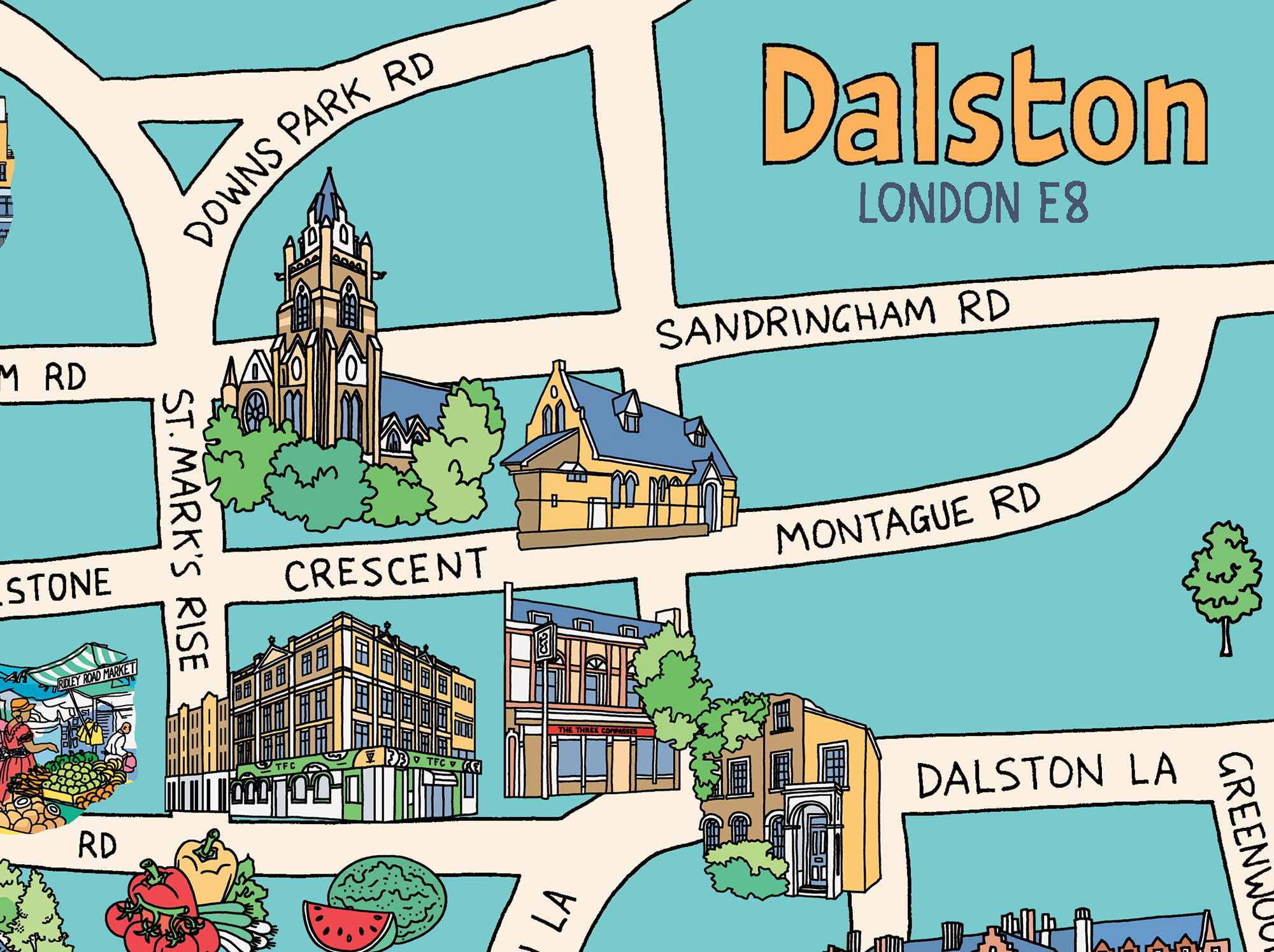 Dalston Map Illustration Stylised, Lively Streets and Buildings