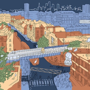 May include: A colorful illustration of a city street scene with a train bridge over a street intersection. The train bridge has the text "Hackney Central" on it. The illustration is in a cartoon style and features buildings, trees, and people.