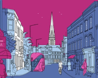Colourful London Landscape - Stoke Newington Church Street; Much Loved Area of North London; Pink/Blue - Signed by the Artist