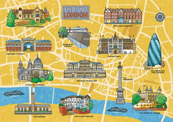 Map Of London Landmarks Decorative Yellow Map Illustration City Of London Landmarks | Etsy Ireland