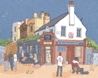 The Dove Pub, Broadway Market, East London; Lively Outdoor Scene - Signed Artist’s Print