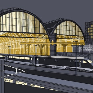 Graphic Railway Illustration Giclee Print King's Cross Station, London Night Scene Artist Signed and Editioned image 1