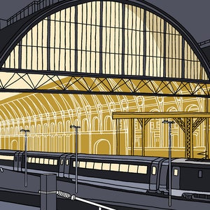 Graphic Railway Illustration Giclee Print King's Cross Station, London Night Scene Artist Signed and Editioned image 3