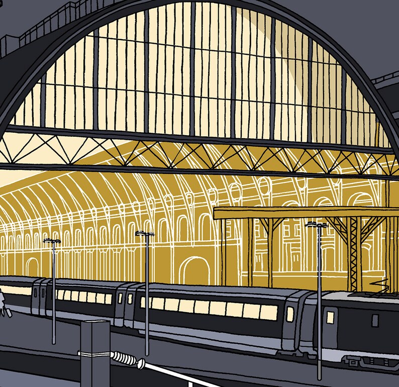 Graphic Railway Illustration Giclee Print King's Cross Station, London Night Scene Artist Signed and Editioned image 3