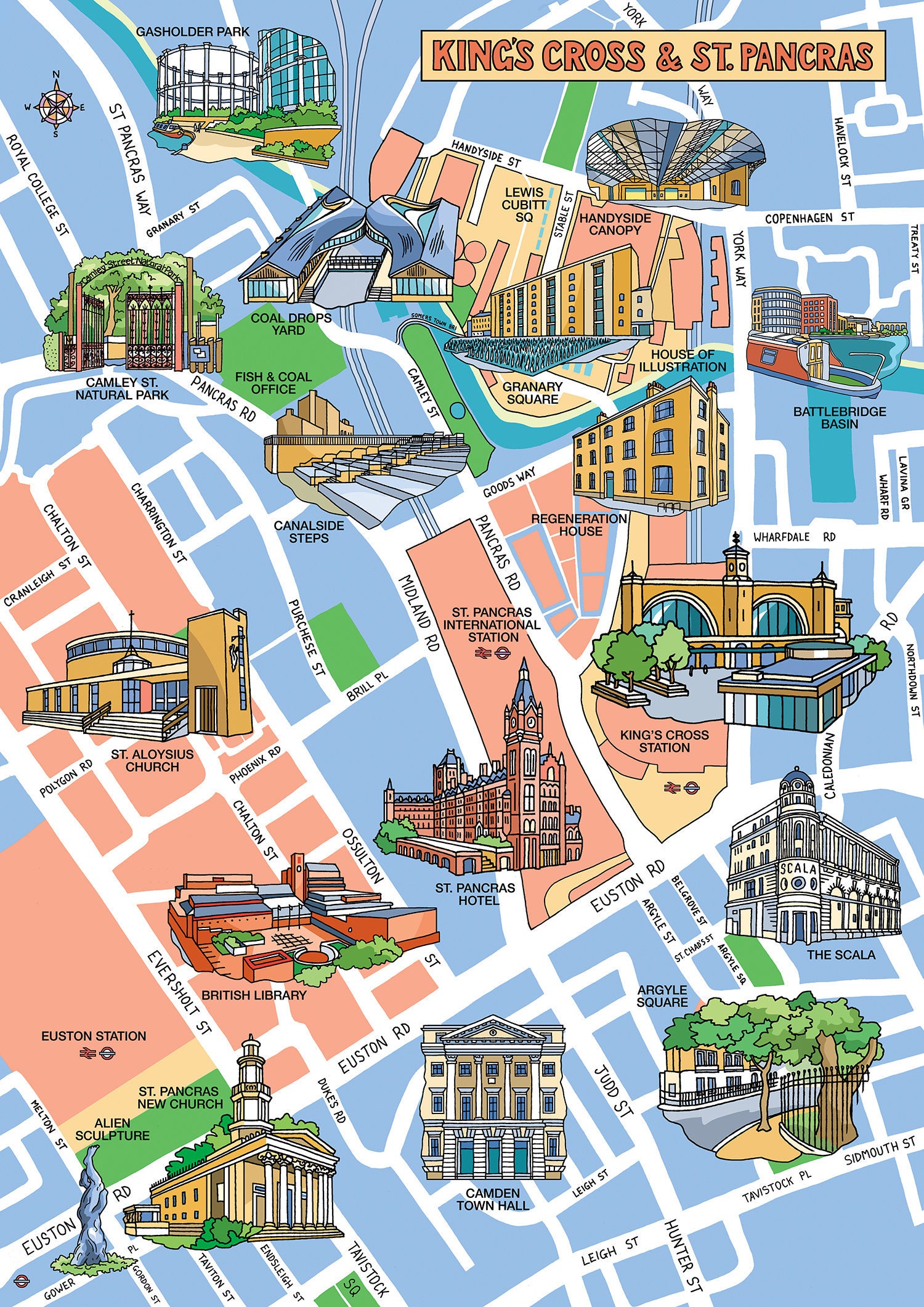 Decorative Illustrated Map of King's Cross and St. Pancras Stations and Their Surroundings in 