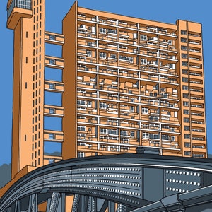 Dessin sympa d&#39;une icône brutaliste ; la tour Trellick dans l&#39;ouest de Londres ; Impression d&#39;artiste signée