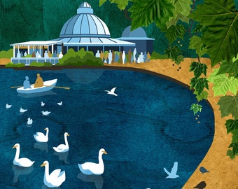 Wildlife and Water; East London’s Victoria Park with Swans and Pigeons; Signed Artist’s Print