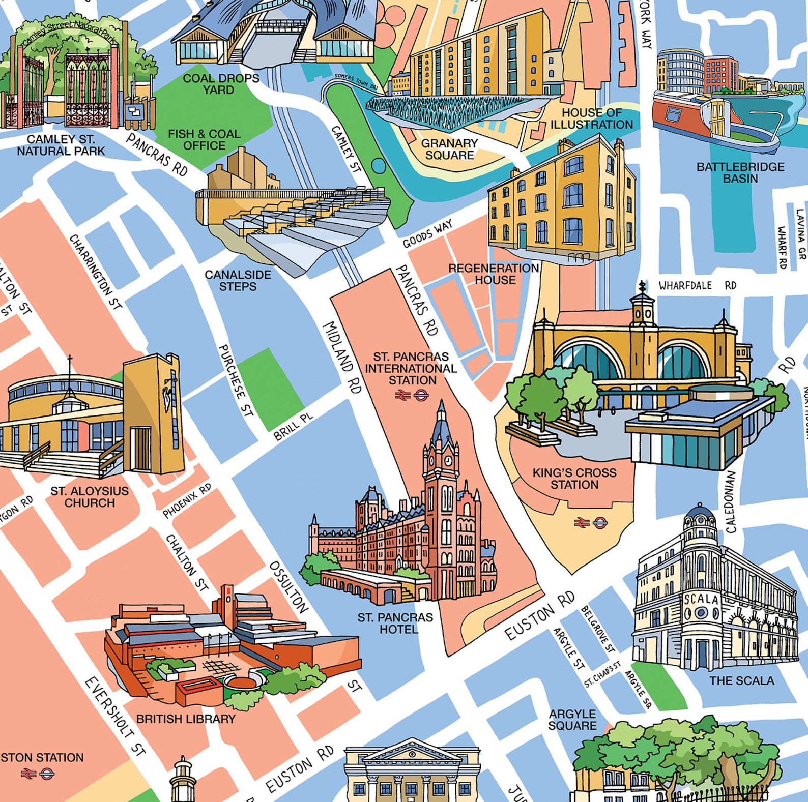 Decorative Illustrated Map of King's Cross and St. Pancras Etsy