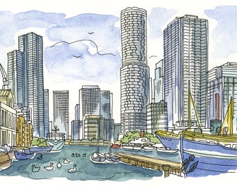 Waterside Scene, Canary Wharf; Shiny Modern Architecture; Watercolour Style  - Signed Artist’s Print