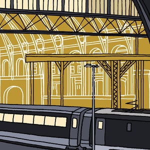 Graphic Railway Illustration Giclee Print King's Cross Station, London Night Scene Artist Signed and Editioned image 5
